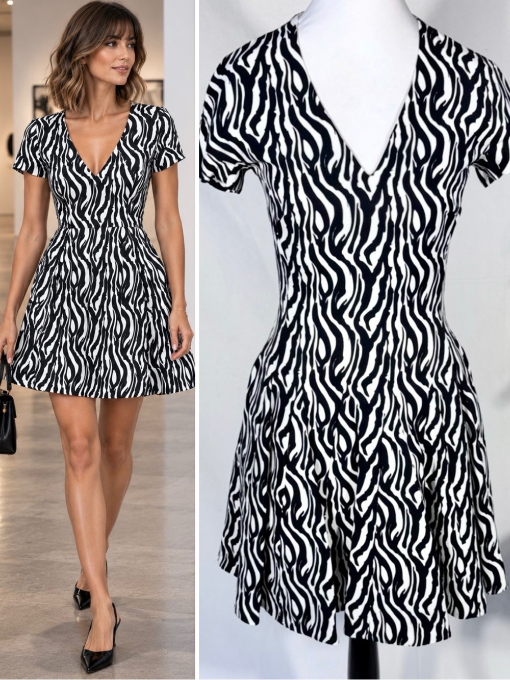 💥REISS Black White Zebra Fit & Flare V Neck Mini Dress Pockets Sz 2 💛